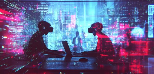 Aufkleber - Two individuals immersed in virtual reality against a vibrant cityscape backdrop.