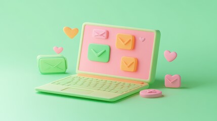 Poster - A pastel laptop displaying colorful envelope icons and hearts, symbolizing digital communication.