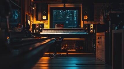 Poster - A cozy music studio with a large mixing console and warm lighting.