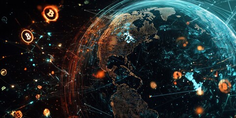 Poster - A digital representation of the Earth with cryptocurrency symbols and network connections.