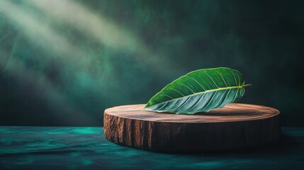 Poster - A vibrant green leaf resting on a wooden surface with dramatic lighting.