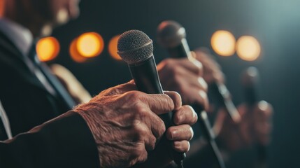 Poster - Close-up of hands holding microphones, suggesting a performance or speaking event.