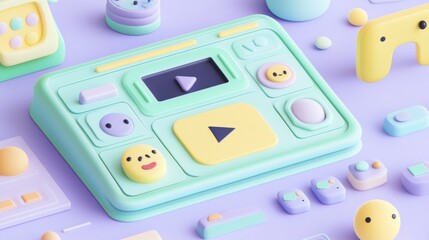 Poster - A playful, pastel-colored gaming console surrounded by fun, minimalistic accessories.