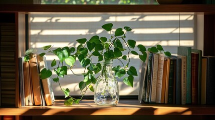 Poster - A serene display of a plant in a jar surrounded by books on a wooden shelf.