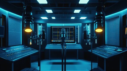 Aufkleber - A modern recording studio with microphones and sound equipment in a blue-lit environment.