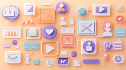 Poster - Colorful 3D icons representing communication, media, and social interactions.