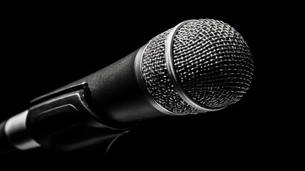 Poster - A close-up of a microphone against a black background, symbolizing sound and communication.