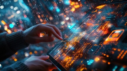 Poster - A close-up of hands interacting with a glowing digital interface in a futuristic setting.