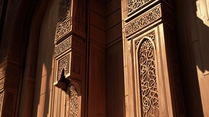 Poster - Intricate wooden carvings on a door, showcasing craftsmanship and design.