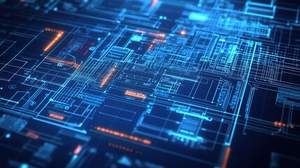 Poster - Abstract representation of computer aided design systems showcasing technical illustrations and digital blueprints in a futuristic blue glow, emphasizing precision and technology.