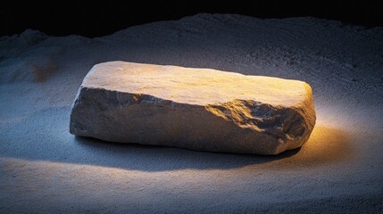 Poster - A solitary rock illuminated on a sandy surface, highlighting its texture and form.