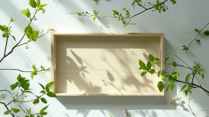 Wall Mural - Minimalist wooden tray on a surface with shadows and fresh green leaves