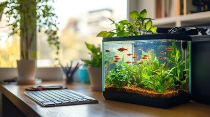 Poster - a serene desk scene featuring an aquarium with fish and indoor plants.