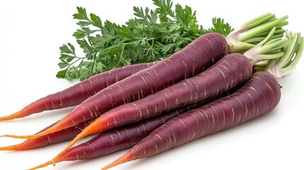 Poster - A bunch of purple carrots with green tops, showcasing fresh produce.