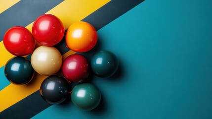 Poster - A colorful arrangement of pool balls on a teal and yellow background.