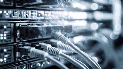 Poster - Detailed Image of Double Exposure Effect Showcasing Network Connections with Cables and Server Components in a High-Tech Setting