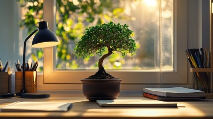 Poster - a serene desk scene featuring a bonsai tree beside a lamp and stationery, evoking tranquility.
