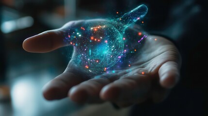 Poster - The rise of cryptocurrencies is illustrated by a hand holding a holographic digital currency.