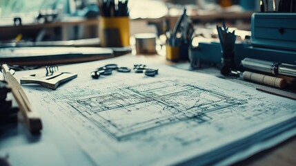 Poster - Engineering Drawings and Tools Neatly Arranged on a Workspace with Blueprints and Drafting Instruments for Technical Projects