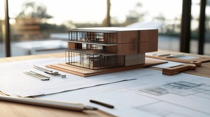 Poster - Detailed Engineering Drawings and Tools Neatly Arranged for Architectural Model Creation, Highlighting Precision and Planning in Design Process
