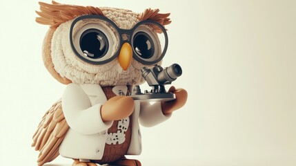 Poster - A cartoon owl in a lab coat holding a camera, symbolizing scientific exploration.