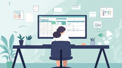 Poster - A person working at a desk with a computer, surrounded by plants and notes.