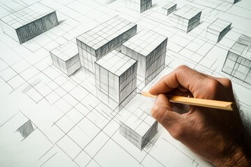 Poster - A hand sketching a 3D perspective of geometric structures on paper.