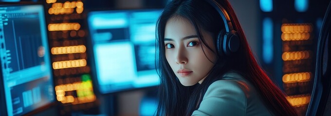 Poster - A focused individual wearing headphones, surrounded by computer screens and technology.