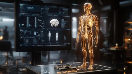 Poster - A 3D holographic model of the human anatomy is displayed on a table in a futuristic laboratory with screens showing data about the body.