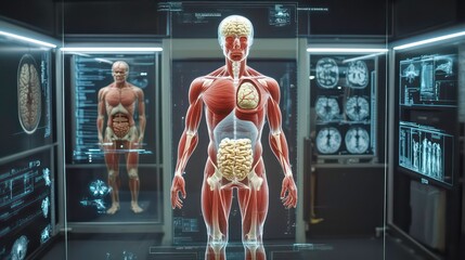 Poster - A futuristic medical lab with a 3D holographic human anatomy model.