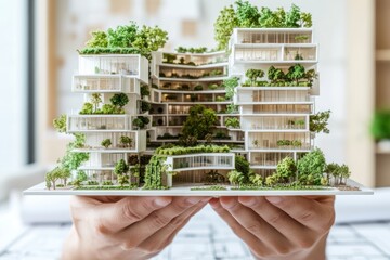 Poster - A hands-held architectural model of a green building with lush vegetation and modern design.