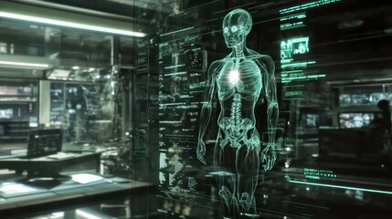 Poster - The human body will be holographic with full body scan, bones, organs, joints, and brain in a futuristic HUD environment