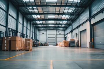 Poster - A spacious warehouse interior with stacked boxes and loading areas.