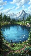 Wall Mural - A serene landscape featuring a man fishing by a tranquil lake surrounded by mountains and trees.