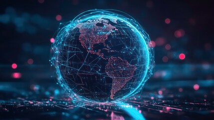 Poster - A futuristic digital globe with a glowing blue and pink network of connections.