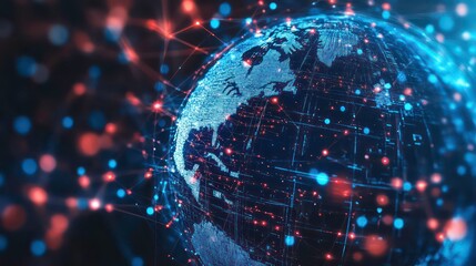 Poster - The globe is enveloped in a blue and red digital network on a dark background, symbolizing connectivity