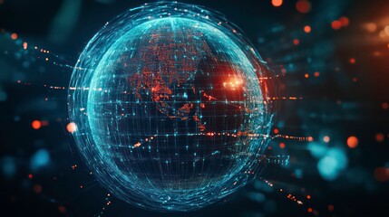 Poster - The globe is enveloped in a blue and red digital network on a dark background, symbolizing connectivity