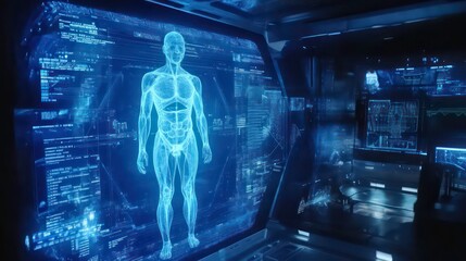 Poster - a futuristic medical room with a holographic display of a human body with glowing blue veins.