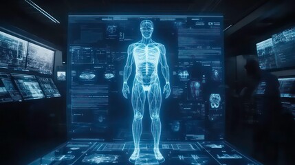 Poster - A futuristic, holographic human body anatomy display projected in a dark, high-tech room, lit by blue light.
