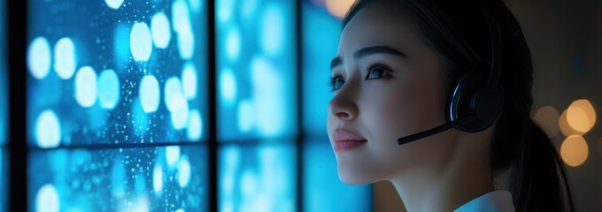 Poster - A focused individual with a headset, looking at a digital display with a rainy backdrop.
