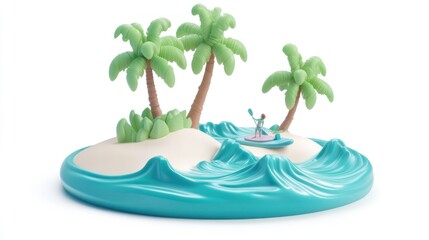 Fototapete - A colorful, playful scene depicting a person paddleboarding near tropical islands.