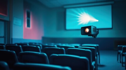 Poster - A dimly lit room with a projector aimed at a screen, suggesting a presentation or lecture.