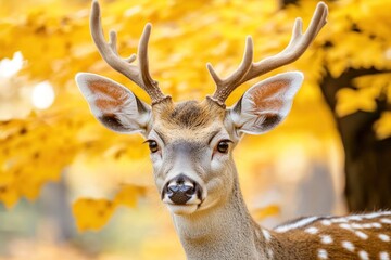 Poster - A close-up of a deer with antlers against a backdrop of vibrant autumn leaves.