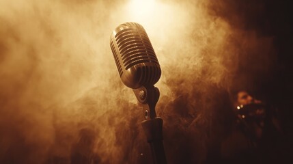 Aufkleber - A vintage microphone surrounded by atmospheric smoke, evoking a musical performance.