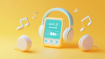 Poster - A digital music player with headphones and musical notes on a vibrant yellow background.