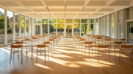 Aufkleber - A spacious, modern classroom with wooden chairs and tables, illuminated by natural light.