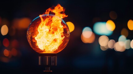 Wall Mural - A fiery orb encased in glass, set against a backdrop of blurred city lights.