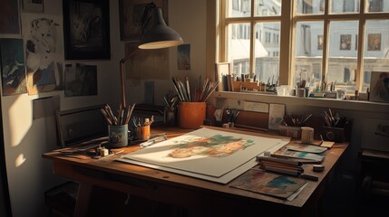 Poster - A cozy art studio with a cluttered desk, filled with tools and colorful artwork.