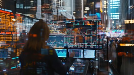Poster - A person monitors financial data on multiple screens in a bustling urban environment.
