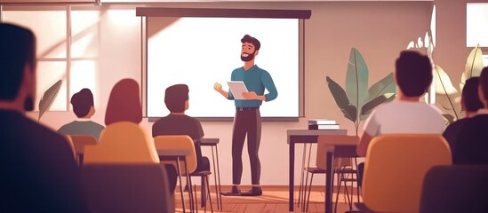 Leinwandbilder - Presentation in a modern classroom, a bearded man confidently delivers a lecture to attentive students. The scene is brightly lit with a calm and focused atmosphere.